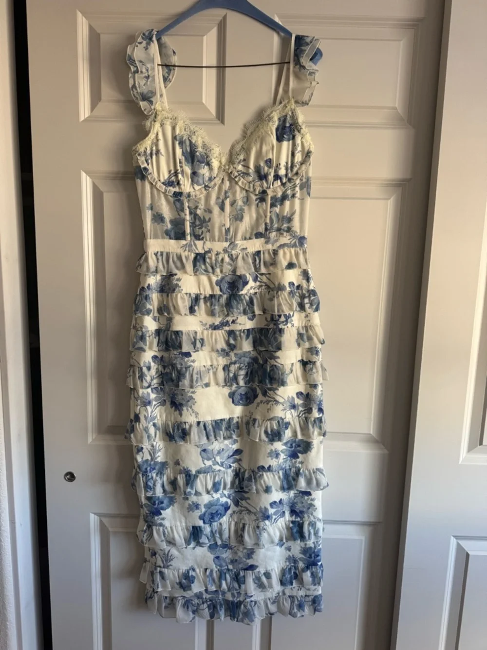 V. Chapman White and Provencal Blue Floral Ruffle Midi Dress - Picture 3 of 6